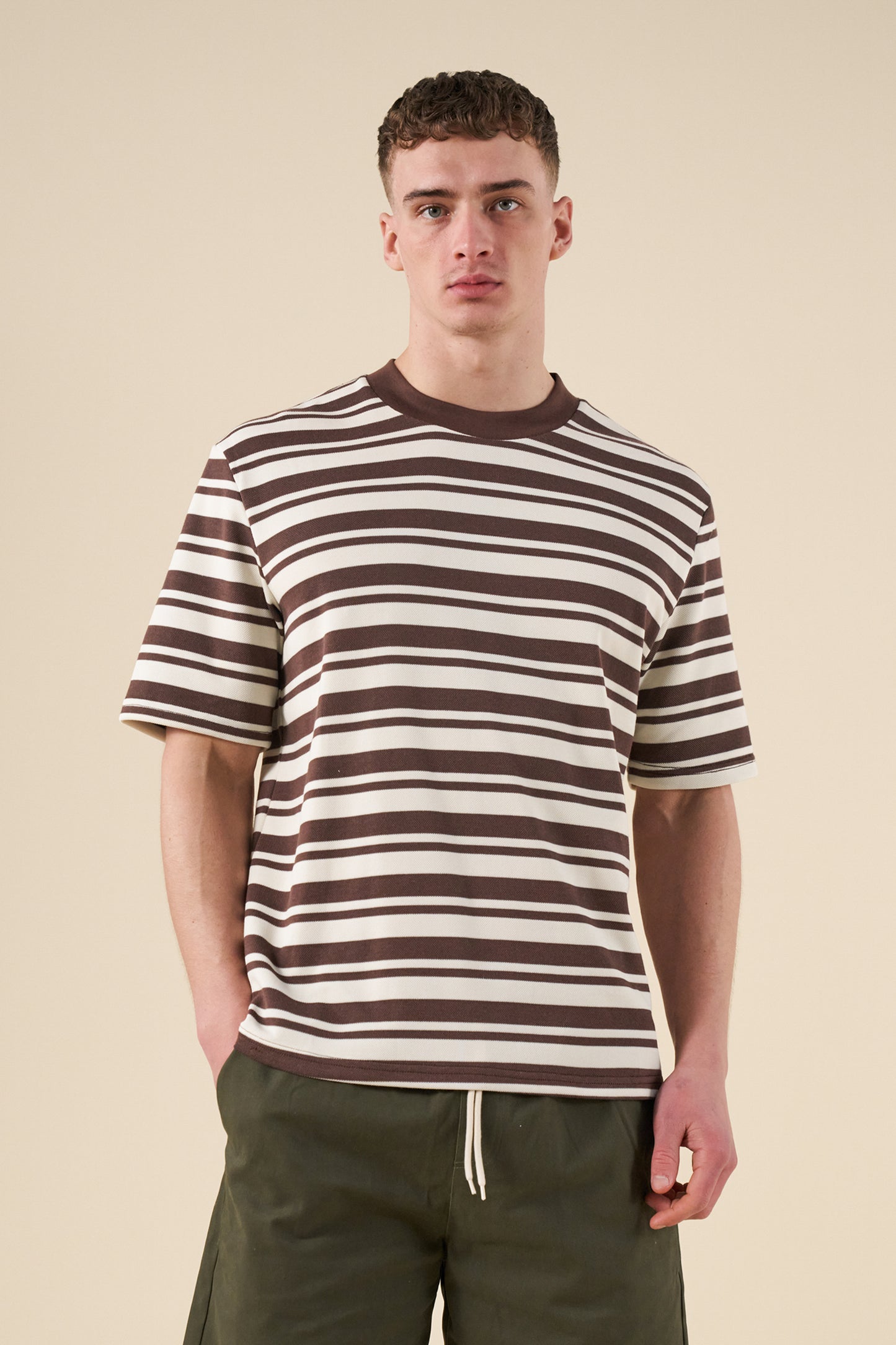 bound Pique Stripe Tee - Brown/Ecru