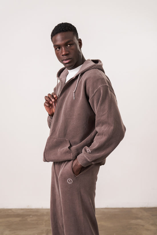 Essentials Vintage Washed Zip-Up Hoodie & Jogger Set - Cocoa