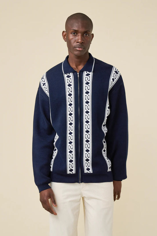 bound Chain Full Zip Knit Polo - Navy