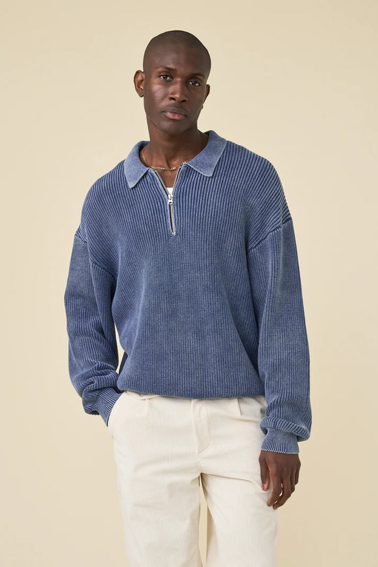 bound Acid Wash Half Zip Knit Pullover - Navy