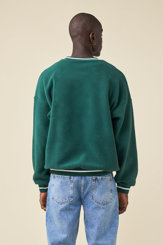 bound Reverse Fleece Grid Sweater - Bottle Green