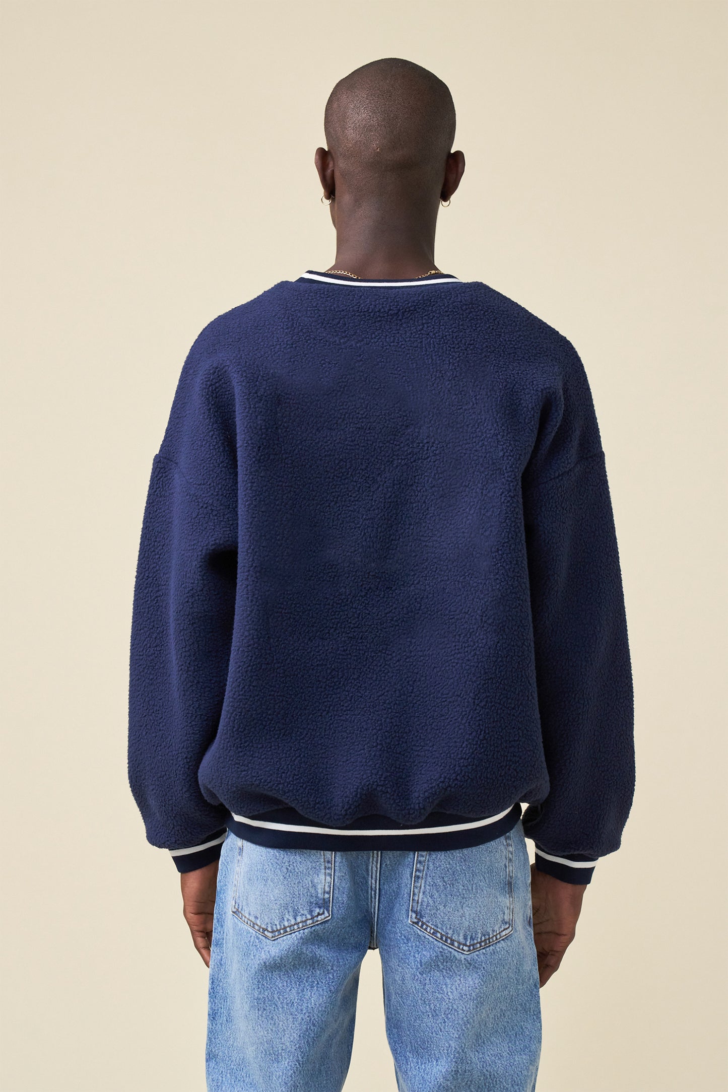 bound Reverse Fleece Grid Sweater - Navy