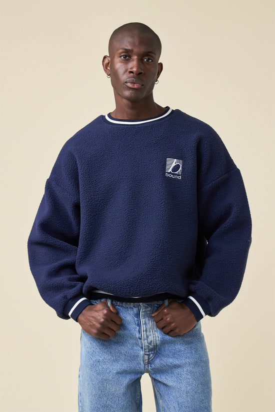 bound Reverse Fleece Grid Sweater - Navy