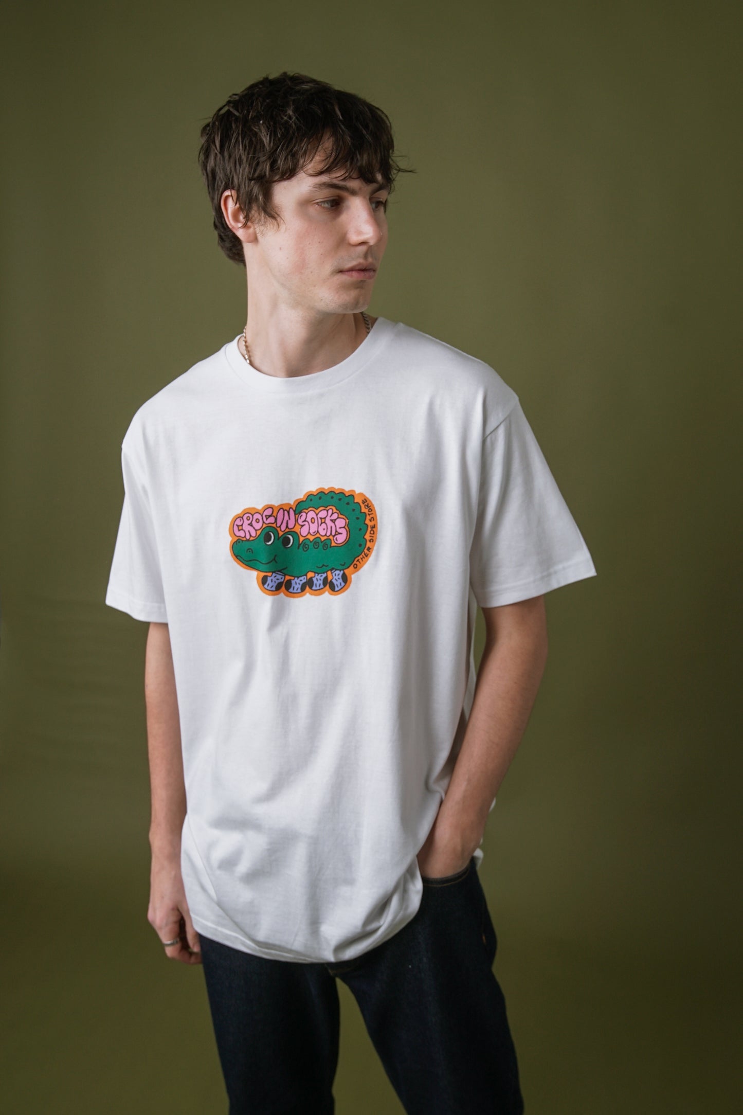 Other Side Store 'Croc In Socks' Tee - White