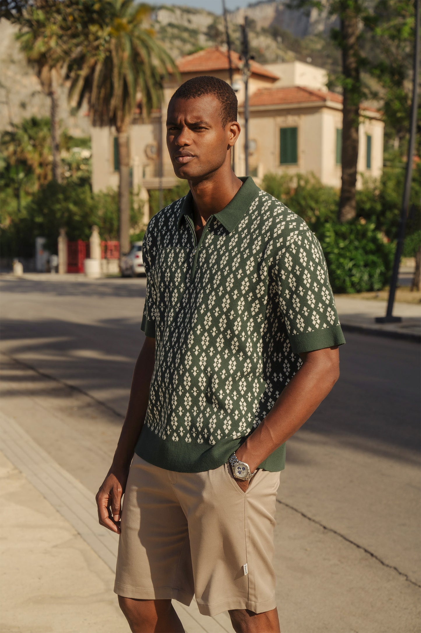 bound 'Theodore' 1/4 Zip Heavy Knit Polo - Green