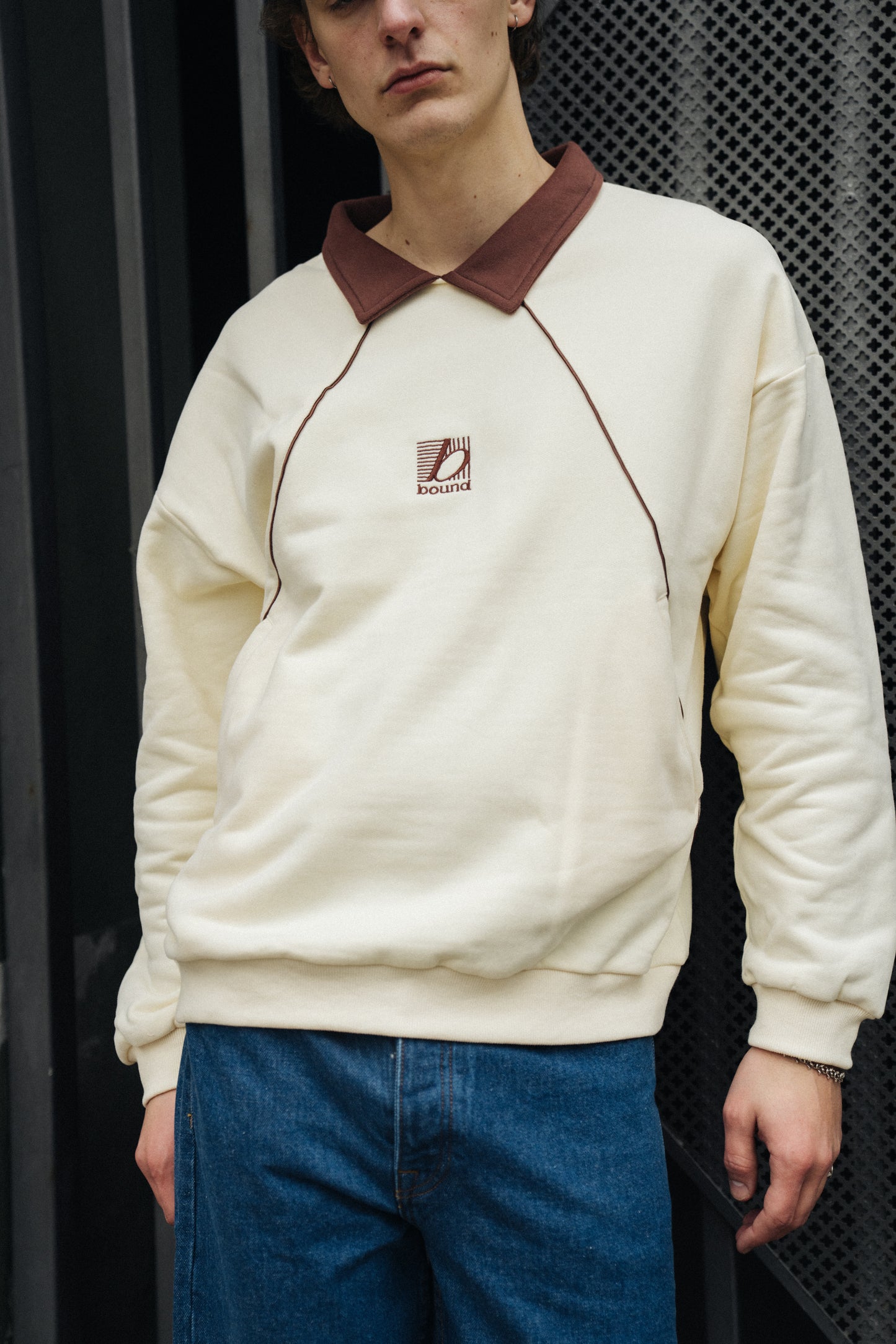 bound Retro Sports Grid Sweater - Cream/Brown