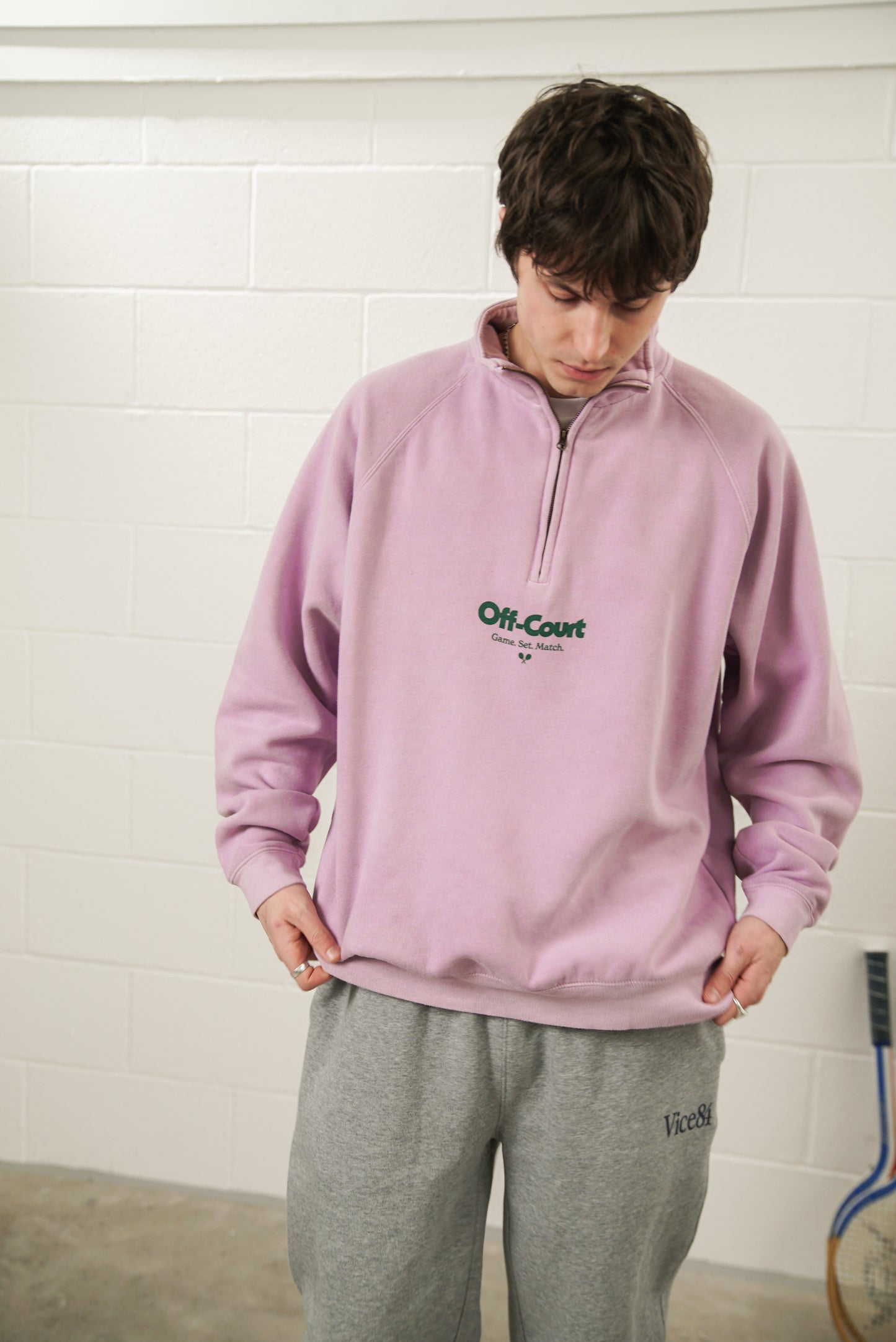 Vice 84 'Off Court GSM' Washed 1/4 Zip Sweater - Pink