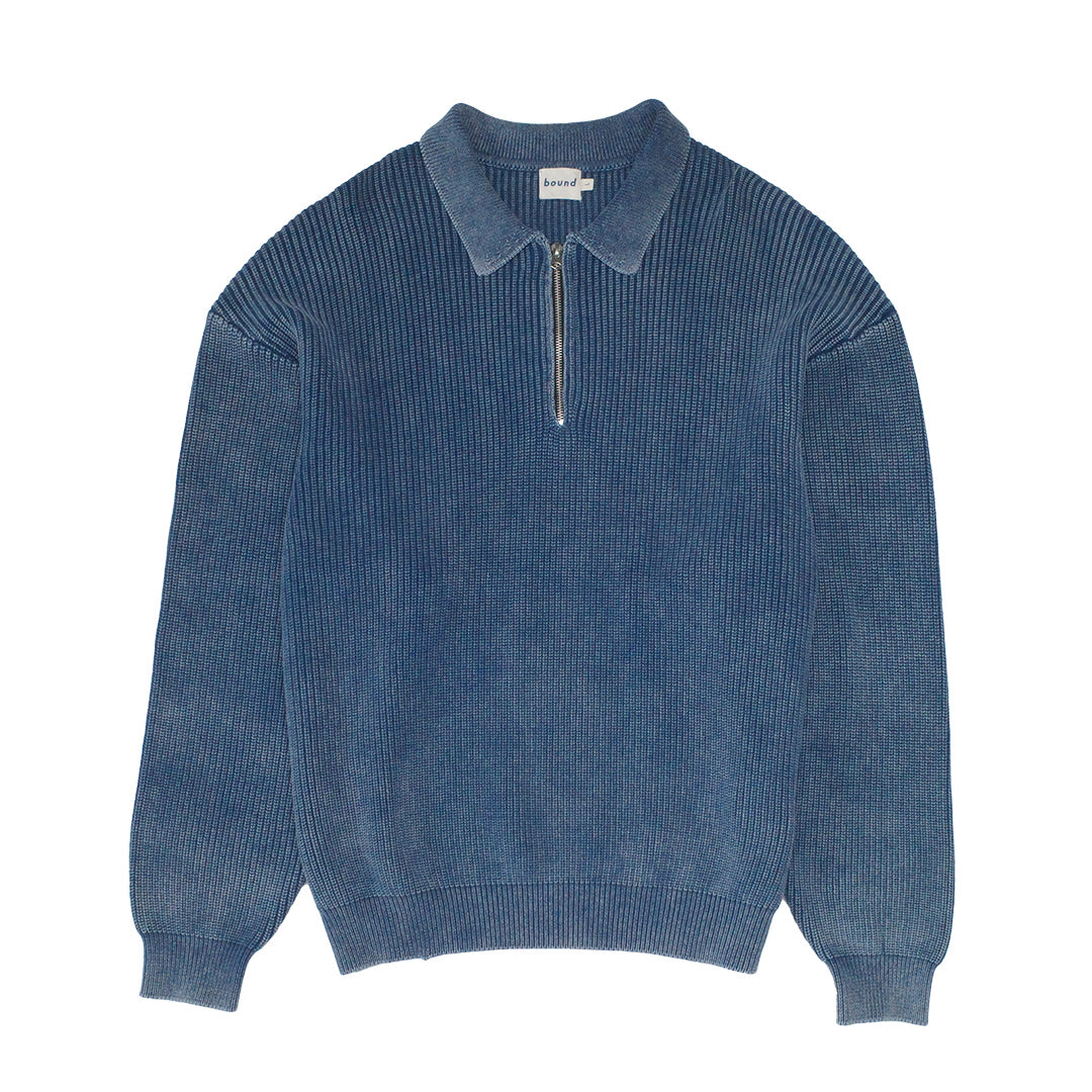 bound Acid Wash Half Zip Knit Pullover - Navy