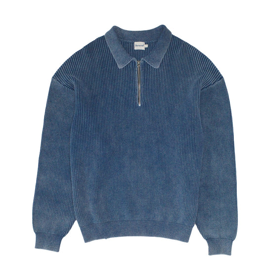 bound Acid Wash Half Zip Knit Pullover - Navy