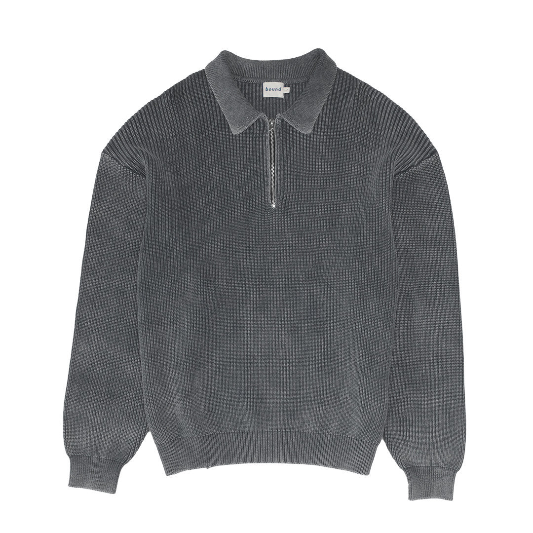 bound Acid Wash Half Zip Knit Pullover - Charcoal