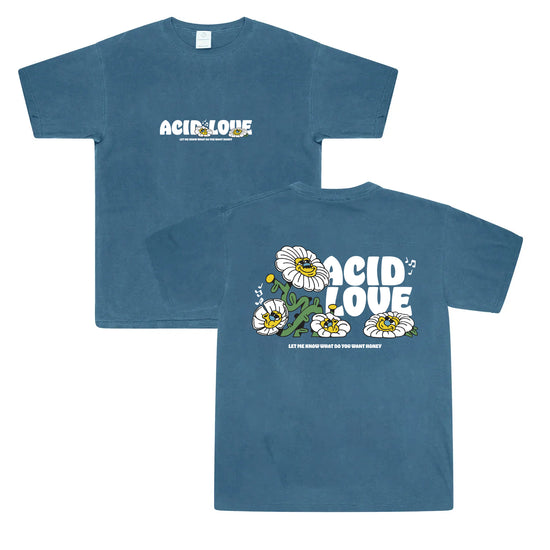 Acid Love 'Daisy' Vintage Washed Tee - Ocean Blue