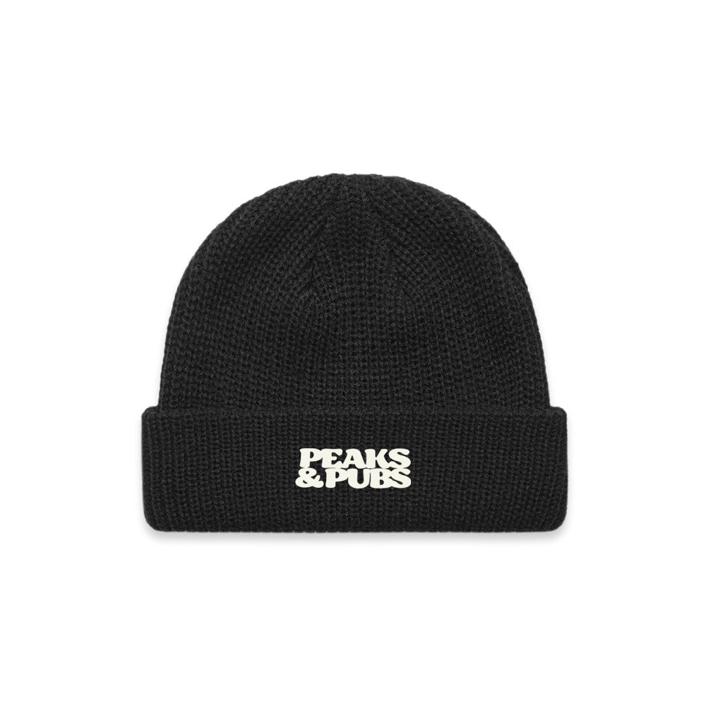 Peaks & Pubs 'Logo' Fisherman Ribbed Beanie - Black